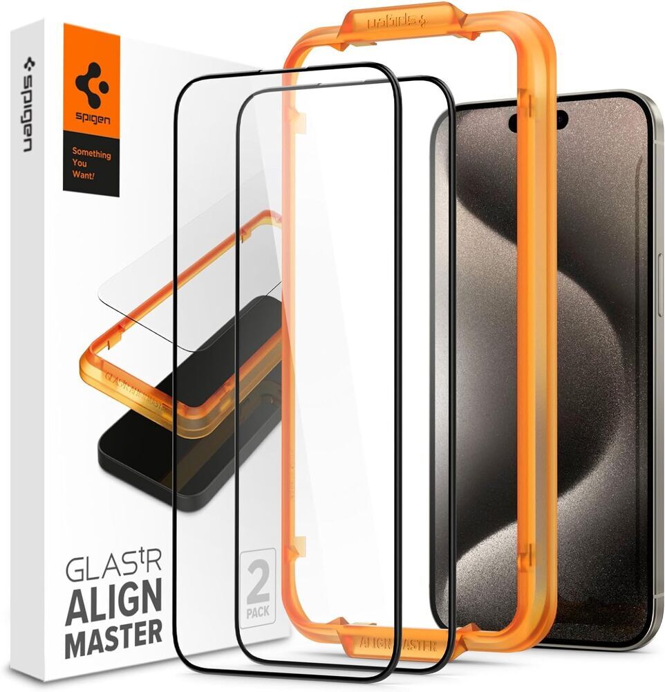 SPIGEN GLAS.tR AlignMaster Full Cover 2PCS Glass Screen Protector for iPhone  15 Pro Max